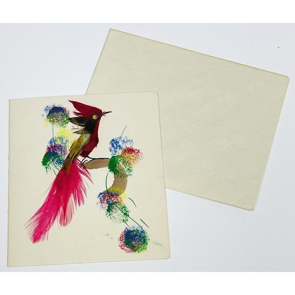 VTG 1950s FOLK ART Notecard & Envelope BIRD w/ Real Feathers HANDMADE in Mexico